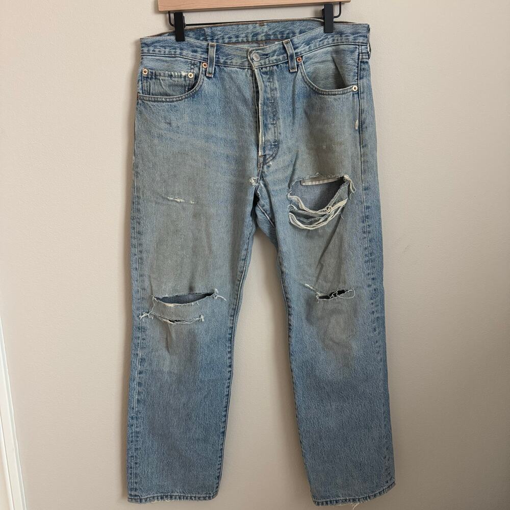 Vintage 90s Levis 501s Thrashed Light Wash Mens 34 x 30 Distressed Red Tab Jeans